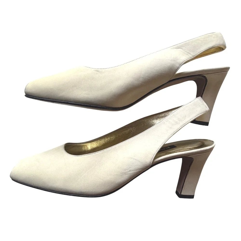 Escada Vintage Designer Peep Toe Slingback Cream Leather Heels Made Italy 8